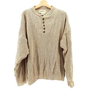 Vintage 90s Eddie Bauer Tan 100% Cotton Henley Marled Knit Sweater